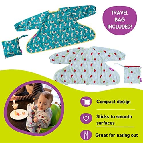 Tidy Tot®TM Cover & CatchTM Pack Duo. 2 Bavoir Manches Longues pour Bébé. Se Fixe sur les Chaises Hautes. Tablier Imperméable pour L'alimentation des Bébés. Bavoirs DME. Sac de Voyage Inclus.