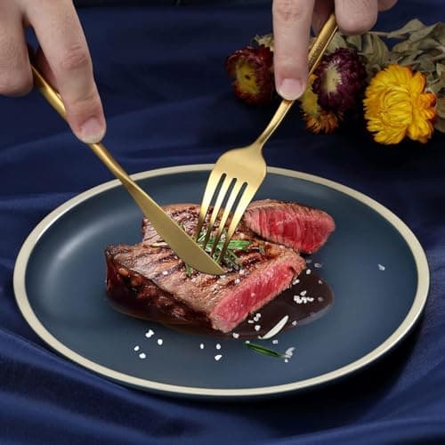 Bestdin set couverts de table 6 personnes dorés, ensemble de couverts inox 24 pièces, Comprend des couteaux/fourchettes/cuillères, fini mat et lavable au lave-vaisselle, facile à nettoyer