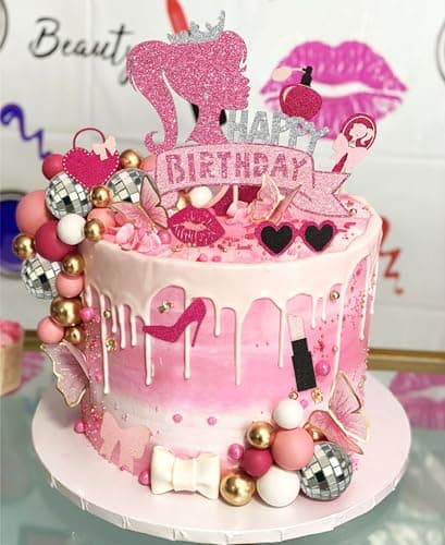JeVenis birthday décoration de gâteau d'anniversaire de fille rose vif décoration d'anniversaire de fille rose boules roses feuilles de palmier talons lipstick sacs cake topper