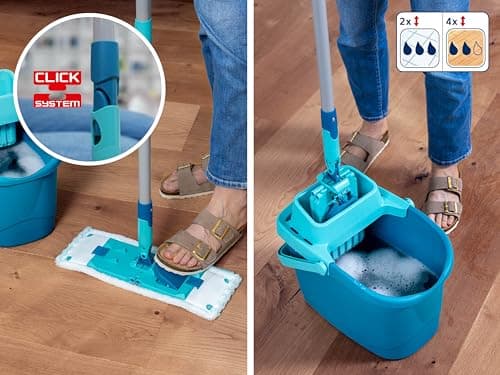 Leifheit Set PowerClean M, Balai serpillère et Seau essoreur ménageant Le Dos, kit avec Housse serpillière Micro Duo pour Un Nettoyage en Profondeur, mécanisme d'essorage Facile, Click-System