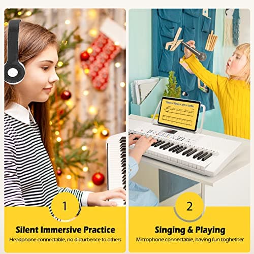 Vangoa Clavier électronique 61 Lumineuses Touches avec Support de Clavier de Piano, Microphone, 600 Timbres, 400 Rythmes, 30 Démos, Blanc