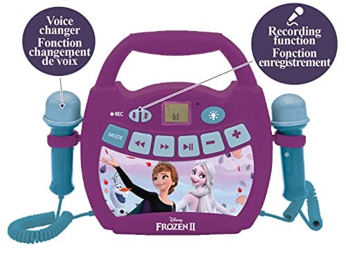 Lexibook - Disney la Reine des Neiges 2 - Lecteur musical karaoké portable pour enfants – Micros, Effets lumineux, Bluetooth, Enregistrement/changement de voix, Batteries rechargeables,Violet,MP320FZZ