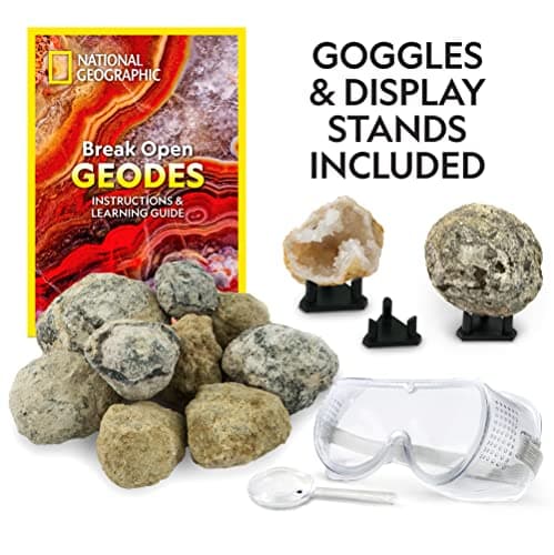 National Geographic Brisez 15 Géodes Premium - avec Lunettes, Guide d'apprentissage, 3 Présentoirs, Excellent Jouet Scientifique à et Cadeau Éducatif