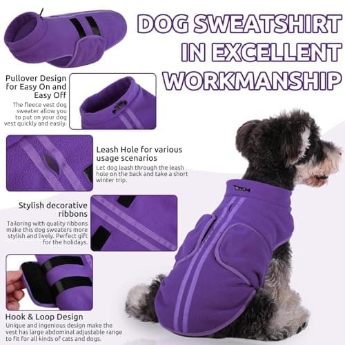 PUZAUKAL Pull pour Petit Chien,Pull-Overs pour Chien et Chat en Polaire Doux Veste Gilet Chien avec Harnais Pull Chaud pour Moyen Grand Chien Violet(L)