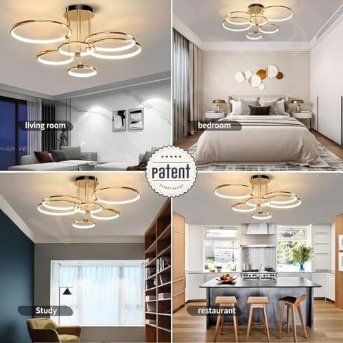 YYUTLUO Plafonnier LED, Ø105cm lustre Cercle En Métal Doré, 145W Dimmable En Continu 3000-6000K, Pendentif Galvanoplastie Rond Moderne, Chambre Salon Enfants Bureau Étude Cuisine Couloir (6 Anneaux)
