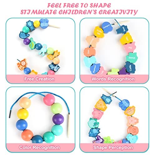 32 Jouets de Filetage en Bois, Perles de Laçage éducative, Perles à Enfiler Montessori, Jeu D'enfilage de Perles Jouet pour D'apprentissage Educatifs pour Garçons Filles 2 3 4 5 6 Ans