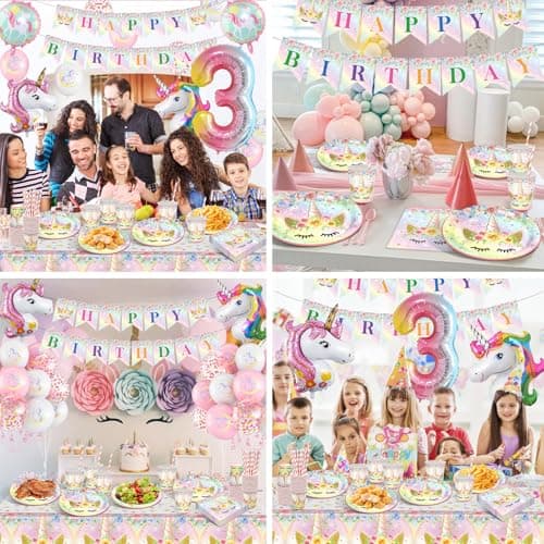 YEJIKJ 3 Ans Anniversaire Licorne Decoration Fille, Vaisselle Kit Assiettes Gobelets Licorne Ballon, Decoration Anniversaire Licorne 3 Ans Kit pour Party Fête Anniversaire Fête Décorations (16 Invités