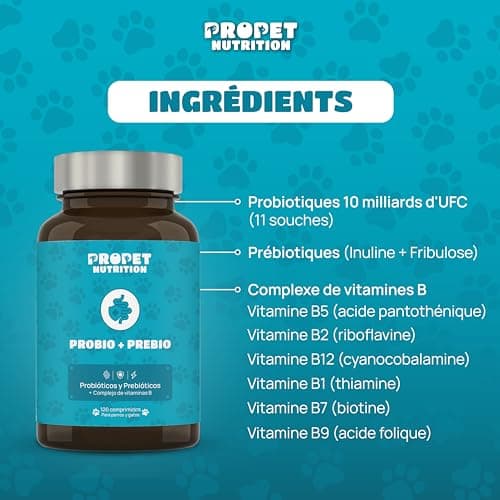 Probiotique Chien et Chat + Prebiotique + Vitamines. 11 Souches Bio-Actives. 10 Milliards UFC. Améliore la Digestion. 120 Comprimés. Anti-Flatulence, Immunité. Digestic. CE. Propet Nutrition