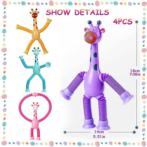 4 Pièces Jouet Girafe Télescopique avec Ventouse, Jouet de Girafe à Ventouse Télescopique pour Enfants Girafe Pop Tube Jouet, Jouet Educatif Amusant de Soulagement du Stress