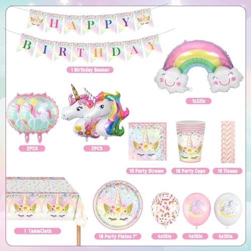 YEJIKJ Arc-en-ciel Ballon Licorne Decoration Fille, Vaisselle fête Kit Assiettes Gobelets Licorne Ballon, Decoration Anniversaire Licorne Kit pour Party Fête Anniversaire Fête Décorations (16 Invités