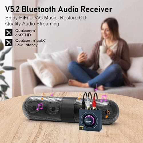 YMOO Recepteur Bluetooth 5.3, RCA 3,5 mm Jack AUX Adaptateur Bluetooth SBC AAC,Stereo Audio HiFi Receiver pour Smartphone, Tablette, Ordinateur Portable, Enceinte Home Cinema,100ft (Blue)