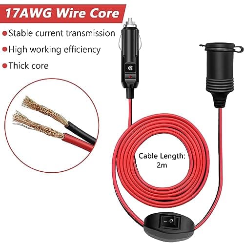 Hoembpn 2M Rallonge Prise Allume-Cigare de Voiture étanche avec ON/OFF Interrupteur et Fusible 15A,12V/24V Adaptateur Allume-Cigare Câble D'extension 17AWG pour Moto,Bateau,Voiture,Camion