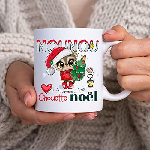 ÉNJA Création Cadeau NOËL - Mug NOUNOU. Nounou/Tasse – Joyeux Noël - Cadeau fêtes de fin d'année personnalisé. Cadeau original. Céramique haute qualité 11oz - 320 ML (NOUNOU)
