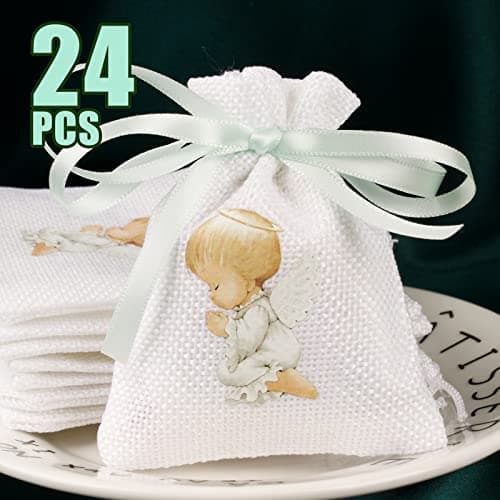 BETESSIN 24pcs Sachet Cadeau Dragée Jute Pochette Communion Baptême 8x10cm Toile Chanvre Confirmation Sac Poche Bijoux Bonbon Chocolat Perle Faveur Décoration Fête Communion