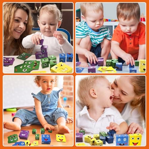 Jeux Montessori Enfant Interactif Emoji Bloc, Puzzle de Blocs D'expressions en Bois, Blocs Cube de Construction Changeants de Visage, Jouets Montessori Cadeau pour Enfants