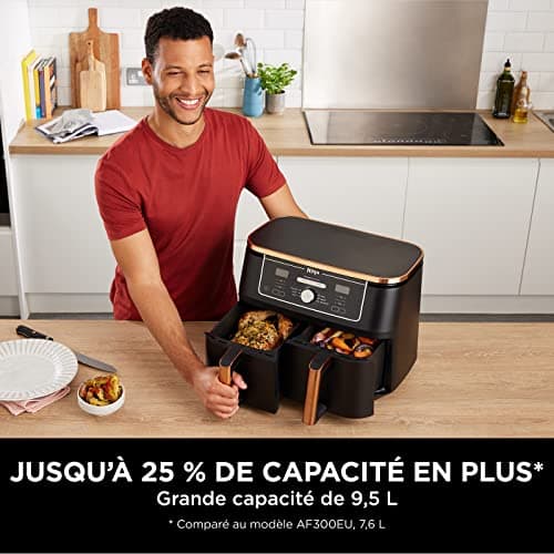 NINJA Foodi MAX Dual Zone Air Fryer, 2 Tiroirs, 9,5L, 6-en-1, Sans Huile, Air Fry, Max Crisp, Rôtir, Cuire, Paniers Antiadhésifs Lavables Au Lave-Vaisselle, Cuivre/Noir Exclusivité Amazon AF400EUCP