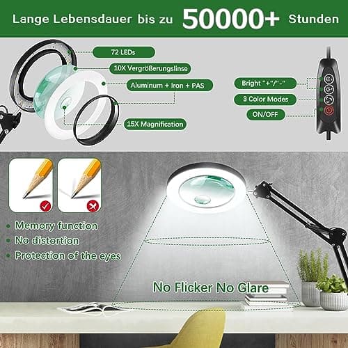 Lampe de Bureau Loupe 10X 15X et LED, Lampe Loupe sur Pied avec 3 Modes de Couleurs et 10 Niveaux de Gradation, Lampe Eclairante avec Bras Pivotant Réglable pour Lire et Travailler