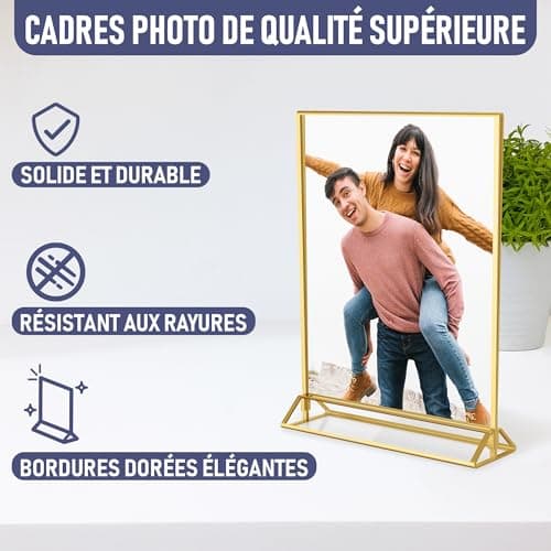 Dasher Products Cadres Photos Dorés Double Face - Pack de 6 - Porte-numéros de table dorés en acrylique, chevalets de table transparents pour affiche, porte-menus, cadres photos (A4)