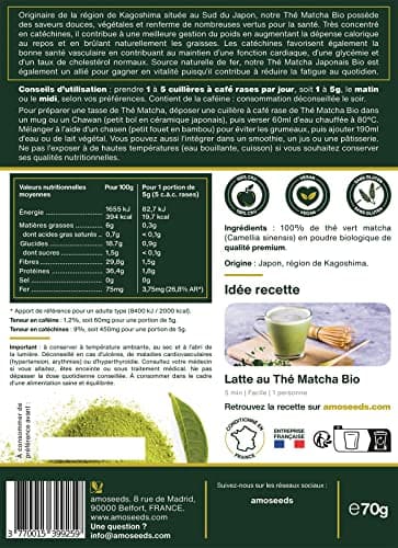 Thé Matcha en poudre Bio Japonais 70G | Thé Vert | Qualité Premium | Tonus, Minceur, Drainage
