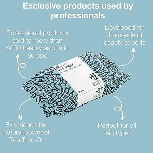 Lingettes humides à l'huile d'arbre à thé - 216 lingettes (6 packs) | Nettoyant pour la transpiration, la saleté et le maquillage | Hydratantes et rafraîchissantes | Hygiène nomade | Biodégradables