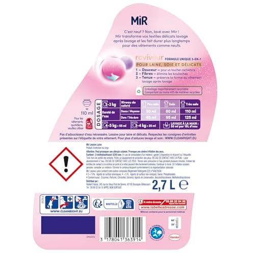Mir - Lessive Liquide - Lessive Laine - Main & Machine - Raviveur - Formule Unique 3en1 - Douceur - Fibres - Tenue - Toucher Cachemir - Anti-Bouloche - Pour Laine - Soie - Délicats - 54 Lavages