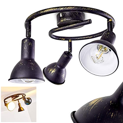 Plafonnier Polmak, plafonnier rond en métal noir/or/blanc, 3 flammes, rondelle avec spots orientables, E14, spot de plafond au design rétro/vintage, salon/chambre/couloir/cuisine, sans ampoules