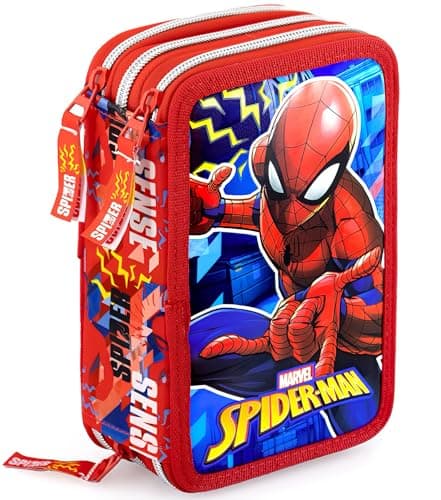 Clondo Trousse Triple Remplie Enfant, pour Spiderman Fan, 45 Accessoires Scolaires, 3 Fermetures Éclair, Compartiments Organisés, Crayons de Couleur, Feutres, Colle, Ciseaux