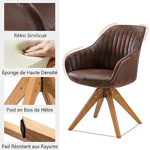 Zouron Chaise de Salle à Manger avec Pieds en Bois (Velours),Chaise pivotante, Chaise de Cuisine, Chaise de Salon avec accoudoirs, Chaise de Bureau à Domicile, Marron foncé