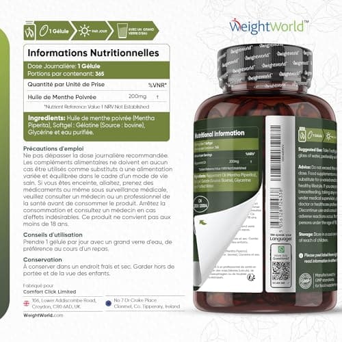 Huile De Menthe Poivrée 200mg 365 Gélules - Forte Absorption & Douce Pour l'Estomac - Gélules Multi Usages À Action Rapide Huile Essentielle de Menthe Poivrée, Pure & Naturelle - Confort & Bien-Être