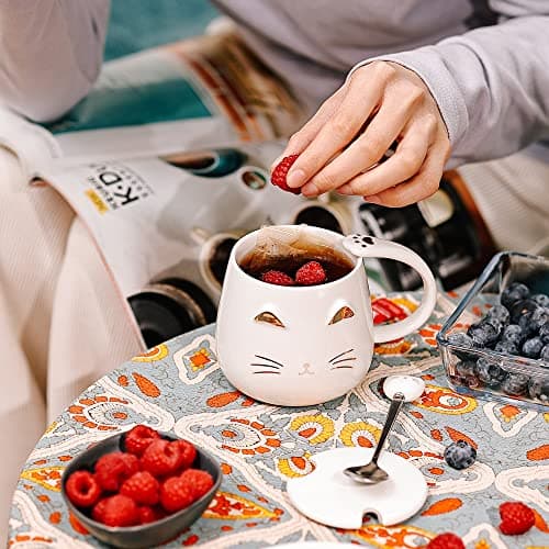 SHENDONG Tasse chat blanc Jolie tasse à café en céramique avec couvercle et cuillère Kawaii Nouveauté Morning Cup Tasses à café- Animaux 3D Tasses de chat pour les amoureux des chats Femmes Cadeaux