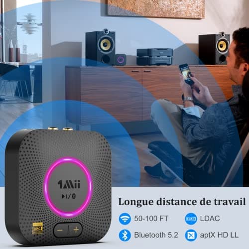 1Mii B06S+ LDAC Recepteur Bluetooth 5.2 pour la Musique Haute Résolution Stéréo à Domicile, Adaptateur Audio sans Fil Hi-FI avec aptX HD/Faible Latence, Recepteur de Contrôle du Volume Longue Portée