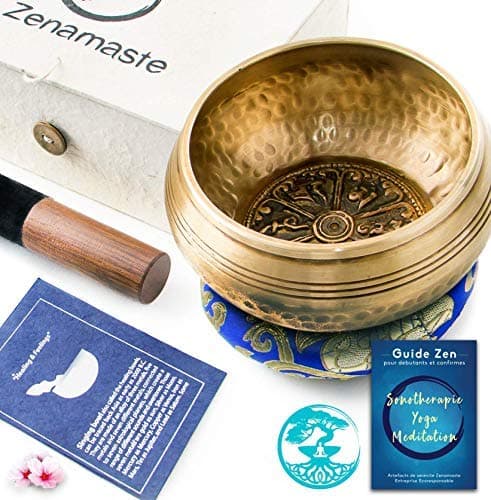 Zenamaste • Bol Tibétain Chantant Méditation Fait à la main à Bhaktapur (Népal) - 450gr ⌀11,5cm - Coffret Zen - Papier népalais - Coussin Bol Chantant (Métaux Anciens Chakra) - Maillet Bois