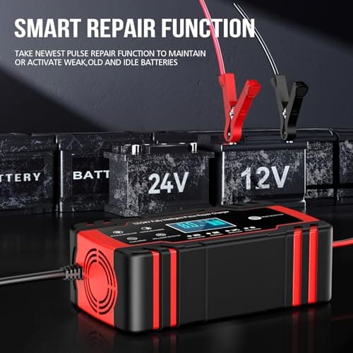 Husgw Chargeur de batterie 12V/24V 8A,chargeur intelligent doté de multiples fonctions de protection, de maintenance et de réparation automatiques,adapté aux voitures,camions,AGM,Gel et SLA (8-100 AH)