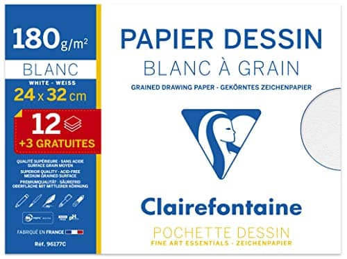 Clairefontaine 196778AMZC - Lot de 2 - Pochette Dessin Scolaire - 15 Feuilles (12+3 gratuites) - Papier Dessin à Grain Couleurs Vives 160g et Papier dessin blanc 180g- 24x32 cm
