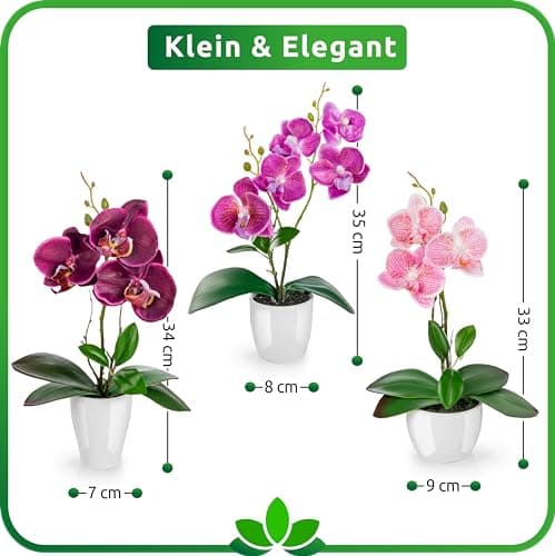 PASCH ® Fleurs artificielles en Pot (35 cm) Lot de 3 orchidées, Arrangement artificiellement coordonné dans des Pots en céramique Brillante, Fleurs décoratives orchidées artificielles (Violet-Rose)