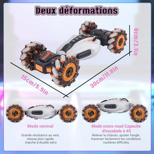 FORMIZON RC Stunt Auto Car, Voiture Télécommandée Tout Terrain avec Commande Manuelle 2.4GHz 4WD 360° Rotation RC Auto avec Spray, Musique et Lumière, Rotation Offroad Drift Cadeau Enfants(Gris)