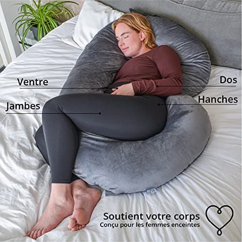 Ella Coussin de Grossesse - Coussin de Maternité et Corps Forme en C, Personnes Qui Dorment sur Le Côté - Rembourrage Polyester, Housse Amovible & Lavable en Minky Oreiller de Grossesse, 150x70cm Gris