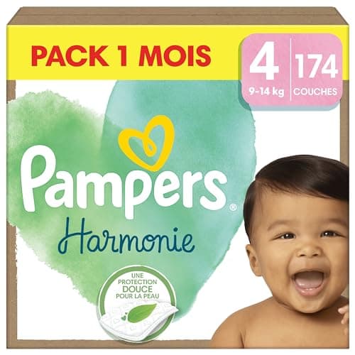 Pampers Harmonie, Taille 4, 174 Couches, 9-14kg, Protection Douce pour la Peau, Ingrédients d’origine végétale en contact avec la peau de bébé, Avec un Emballage Recyclable en Papier, Pack 1 Mois