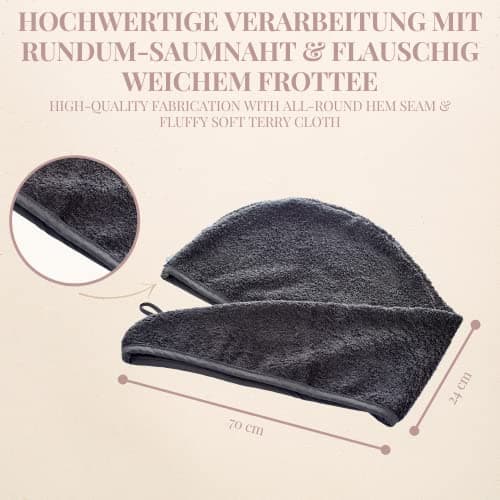 Carenesse Cheveux Turban tête Gris Anthracite avec Bouton 100% Coton, 24 x 70 cm, Serviette pour Cheveux, Chiffon Sec, Serviette de tête, Serviette pour Les Cheveux, Serviette à Cheveux