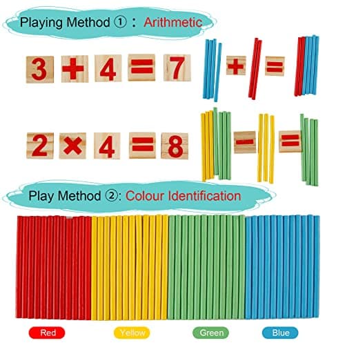 Victse Jouet Montessori Mathématiques, Blocs et Bâtons de Comptage en Bois, Jeu Numérique Bâtons Bois avec Blocs et Bâtons Comptage, Jouet éducatif Montessori 3 Ans et +