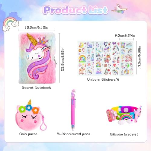 PESLNG Agenda secret pour filles avec cadenas, carnet de voyage en peluche, carnet privé avec stylo multicolore, bracelet, porte-monnaie mignon et 6 autocollants - Cadeau pour filles avec licornes
