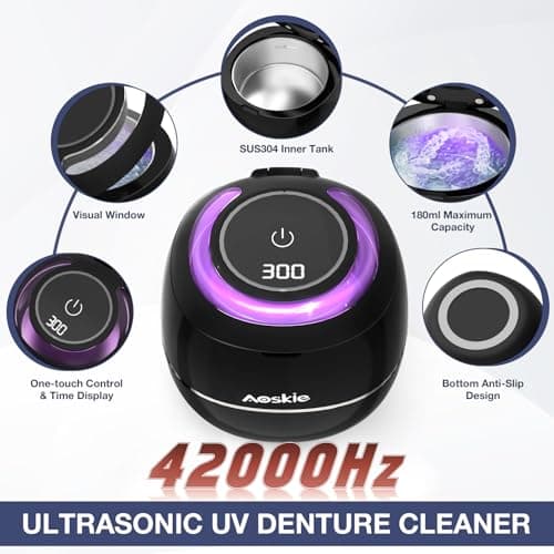 Aoskie Nettoyeur Ultrasons 42kHz/30W pour Prothèses Dentaires, Aligneurs, Protège-dents, Bijoux, Tête de Brosse à Dents, 180ML Ultrasonic Cleaner pour Appareils Dentaires à Domicile ou en Voyage