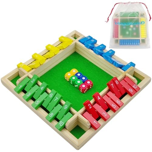 Shut The Box Jeu de Société en Bois, Classique-Jeu de Dés-Jeu de Rassemblement de la Famille Jouet de Voyage pour 2-4 Joueurs avec Sac de Stockage Formation en Logique Cadeau pour Enfants -Multicolore