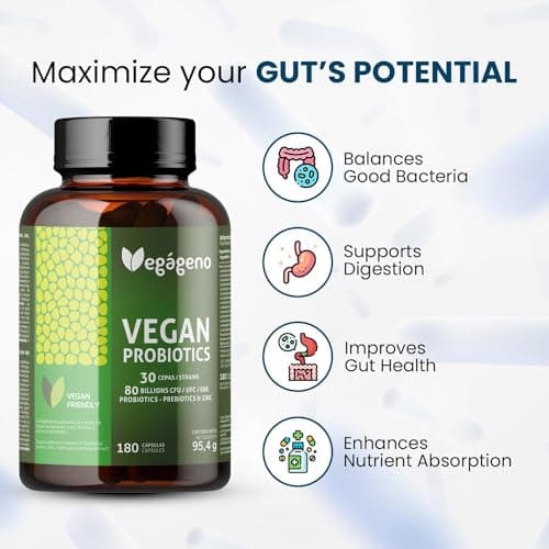 Vegágeno Probiotique Flore Intestinale 180 gélules végétales, 30 souches bactériennes avec zinc, 80 milliards UFC - Probiotique Flore Intime. Prebiotique et Probiotique. Convient aux végétaliens.