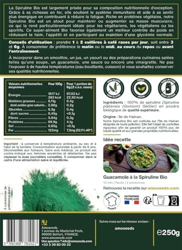 Spiruline en poudre BIO 250G | Naturelle et Pure | Riche en protéines, fer | Énergie, Sport, Immunité | Sans OGM, sans Conservateurs | Qualité Supérieure