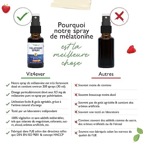 Mélatonine Spray - Spray instantané extra fortement dosé avec 0,5 mg de mélatonine par pulvérisation - Spray pour l'endormissement - Sans alcool - Vegan - Goût d'orange - 30 ml