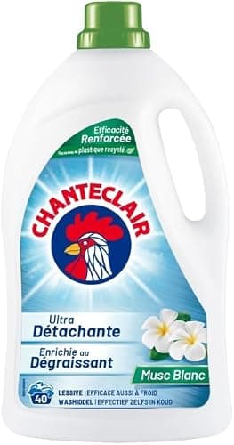 Chanteclair - Lessive Liquide Concentrées Musc Blanc, Enrichie au Dégraissant, Ultra Détachantes et Efficaces aussi à Froid, 40 lavages - 1800 ml x 3