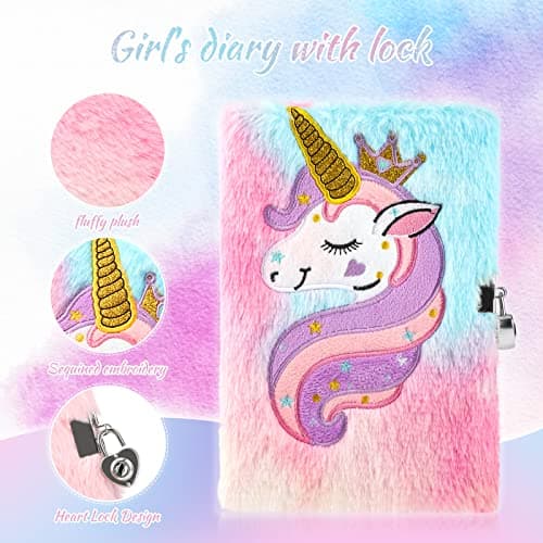 Anyfirst Licorne Journal Intime Fille en Peluche avec Clé et Cadenas, Set de A5 Carnet Secret Fille Comprend Trousses à Crayons, Journal Intime comme Cadeau Licorne Fille 5-12 Ans, Multicolore