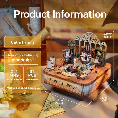 Tonecheer Kit de boîte à Musique à Faire soi-même pour Adultes, Puzzles 3D en Bois, boîte à Mouvement Musical pour Adolescents, Bureau, Cadeaux décoratifs pour Anniversaire (Famille de Chats)
