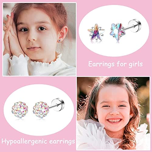 Diamday 16 Paires Boucles d'Oreilles à Vis pour Filles Femmes Acier Inoxydable Petit Cartilage Boucles d'Oreilles CZ Cœur Fleur Étoile Vis Dos Plat Boucles d'Oreilles Tragus Helix Bijoux Multicolore B